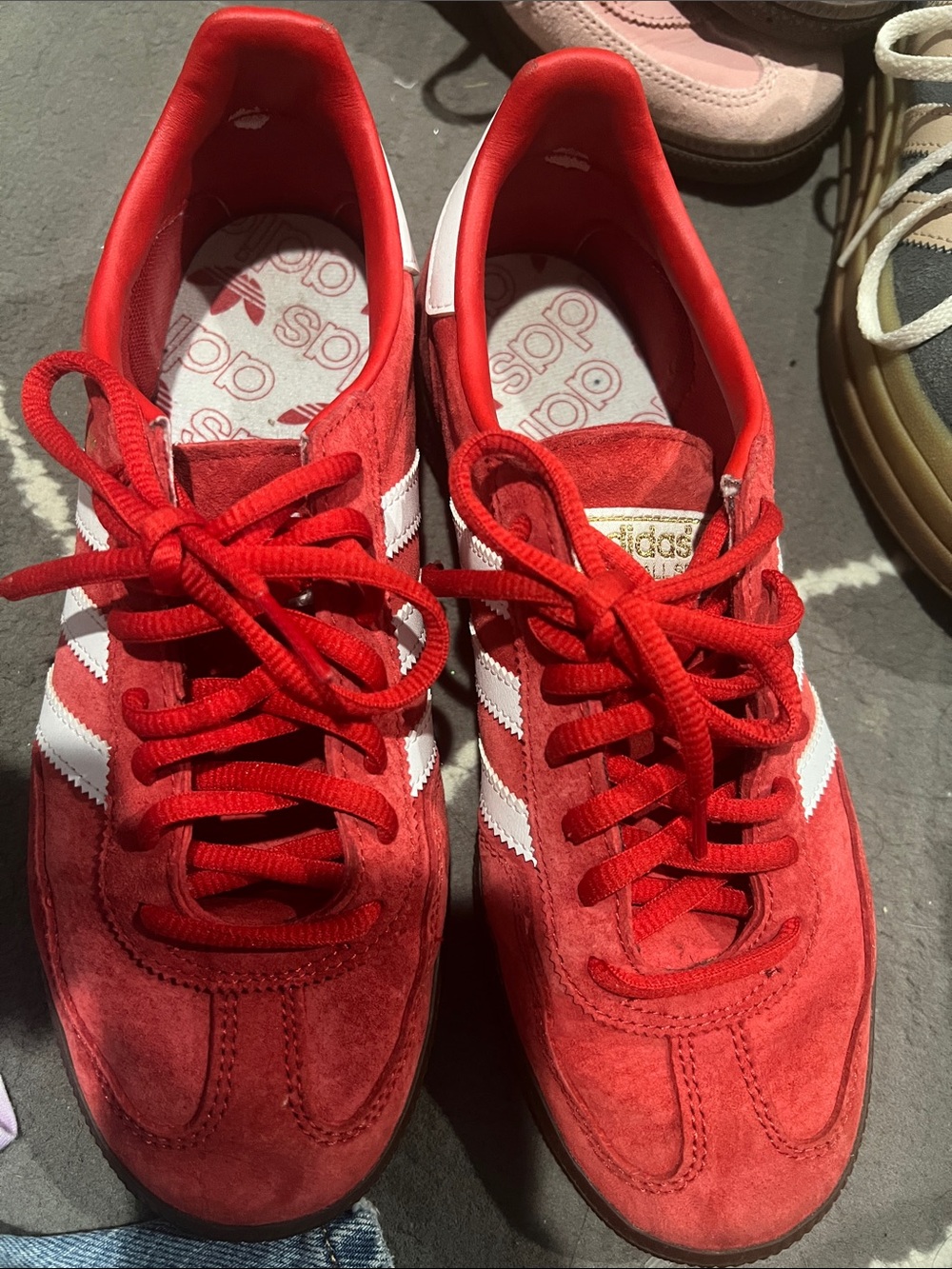 adidas spezial Red Suede Sneakers with White Stripes